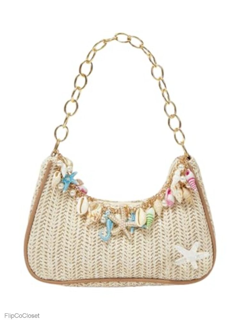 Straw Beach Beaded Purse Seashell Handbags Women Shoulder Bag Chain Strap Boho